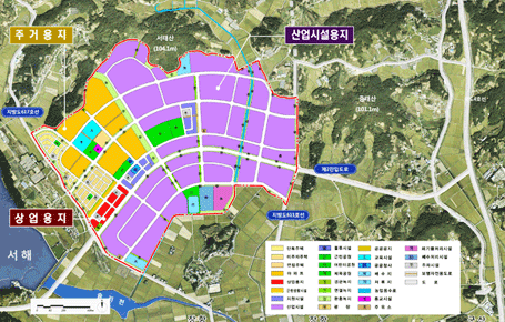 장항국가산업단지 토지이용계획도로 상업용지, 주거용지, 산업시설용지로 구분한 사진입니다.